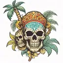 palm tree and tiki mask skull for shell tattoo design idea