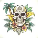 palm tree and tiki mask skull for shell tattoo design idea