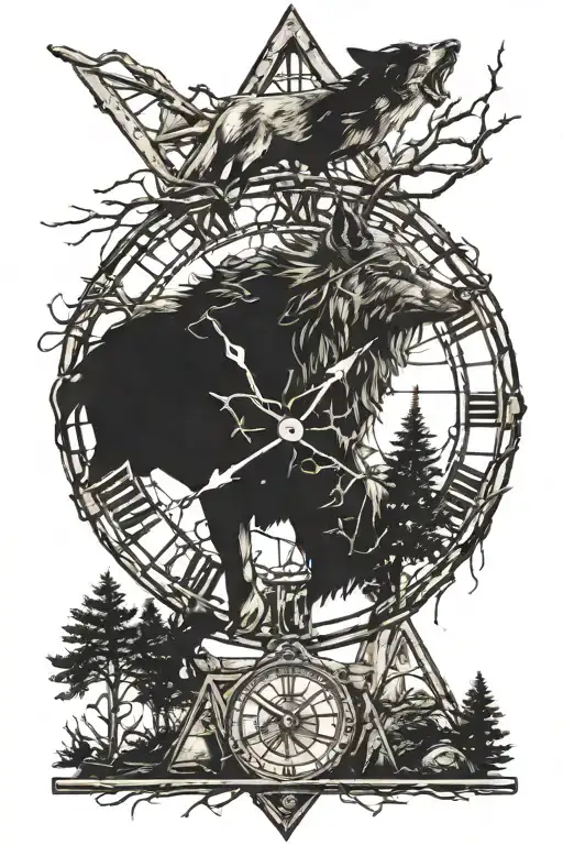 barb wire wolf bull trees clock pyramid logo integrated tattoo design idea