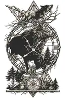 barb wire wolf bull trees clock pyramid logo integrated tattoo design idea