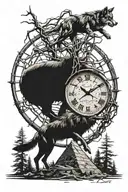 barb wire wolf bull trees clock pyramid logo integrated tattoo design idea