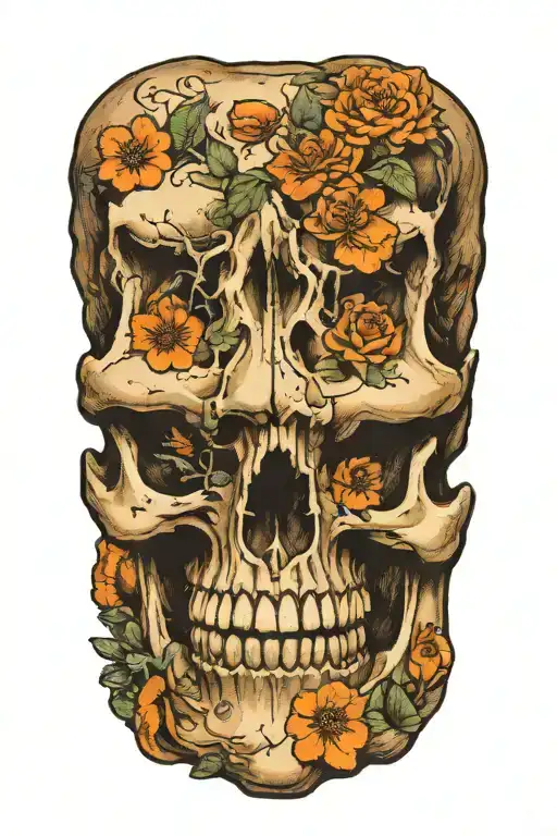 dinosaur skull with orange flowers growing tattoo design idea
