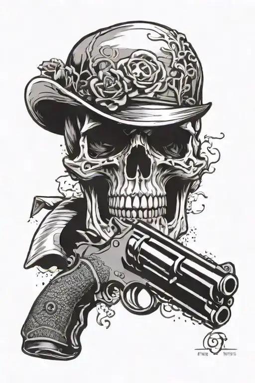 skull with revolver in its mouth open tattoo design idea