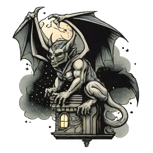 Gargoyle perched in a rainy thunderstorm under the North Star and night sky tattoo design idea