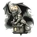 Gargoyle perched in a rainy thunderstorm under the North Star and night sky tattoo design idea