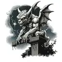 Gargoyle perched in a rainy thunderstorm under the North Star and night sky tattoo design idea