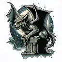 Gargoyle perched in a rainy thunderstorm under the North Star and night sky tattoo design idea