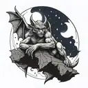 Gargoyle perched in a rainy thunderstorm under the North Star and night sky tattoo design idea