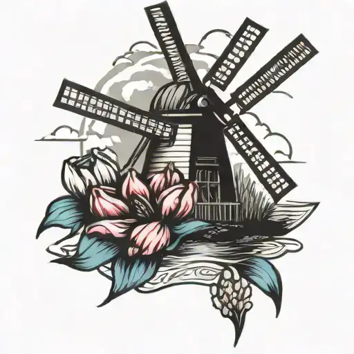 dutch windmill with tulips    tattoo design idea