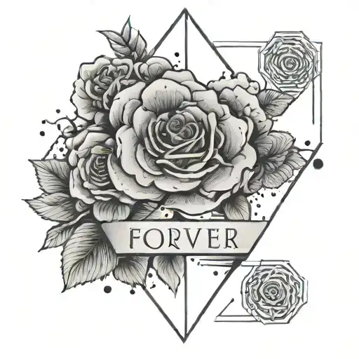 A modern tattoo design featuring a cloud and rose in a geometric style, with the initials of each family member subtly hidden within the design, and the quote 'Forever Connected' written underneath tattoo design idea