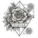 A modern tattoo design featuring a cloud and rose in a geometric style, with the initials of each family member subtly hidden within the design, and the quote 'Forever Connected' written underneath tattoo design idea