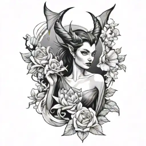 Faries and Maleficent and flowers blooming sleeve tattoo tattoo design idea