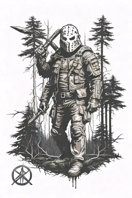 Jason voorhees standing in background of dark forest tattoo design idea