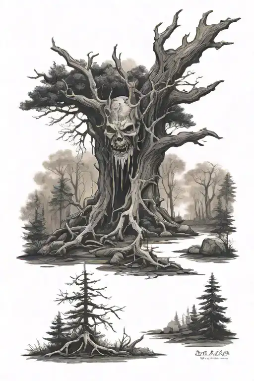horror scene in dark forest landscape tattoo design idea