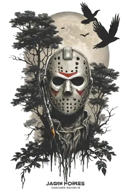 dark forest with moon with jason voorhees tattoo design idea