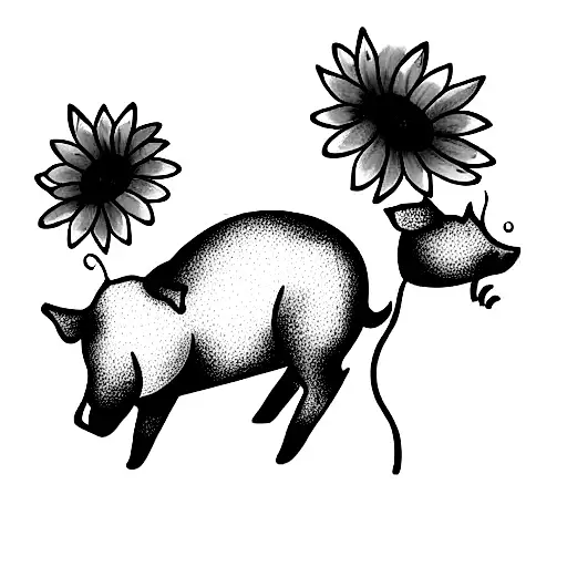 baby pigs with sunflowers tattoo design idea