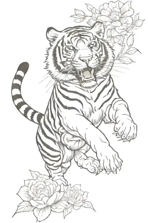 Tiger leaping with flower in mouth  tattoo design idea