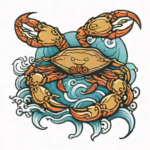 moon, crab, water waves tattoo design idea
