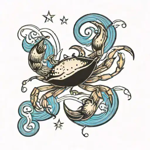 moon, crab, water waves tattoo design idea