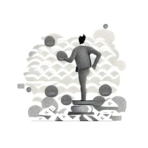 A dotwork design of a freelancer silhouette standing on a pile of money, with a forest landscape in the background symbolizing the freedom and success achieved through freelancing tattoo design idea