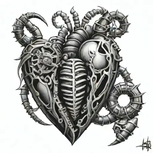 A mechanical scolopendra wrapping around a heart, blending nature and technology tattoo design idea