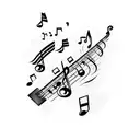 Musical notes intertwined with 80s retro graphics tattoo design idea