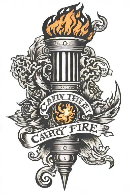 Torch with flame with words "Carry the Fire" wrapped around torch tattoo design idea