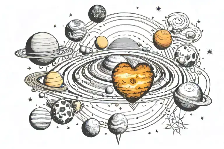 Solar system with a shooting love heart shape tattoo design idea