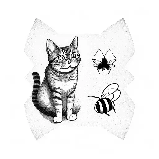 a cat and a bee looking out of a window into the infinity of space  tattoo design idea