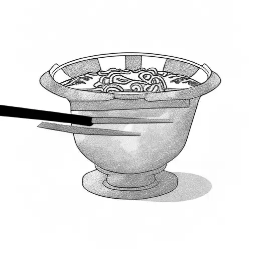 A traditional Japanese ramen bowl with chopsticks, surrounded by dark and intricate black metal symbols tattoo design idea