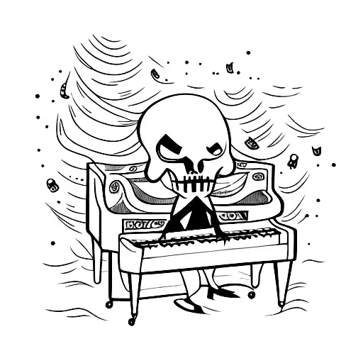 A cartoon character playing a piano with a dark and edgy twist, incorporating black metal symbols tattoo design idea