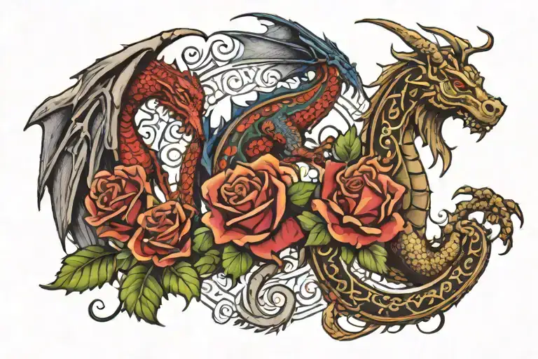 2 Somerset dragons and Yorkshire rose surrounded tattoo design idea