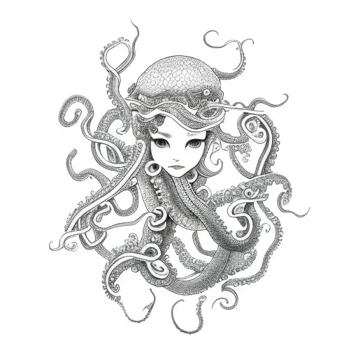 mermaid with octopus tentacles for hair tattoo design idea