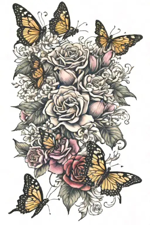 honey suckle flowers with roses and carnations and monarch butterflies with humming birds very colorful and realistic tattoo design idea