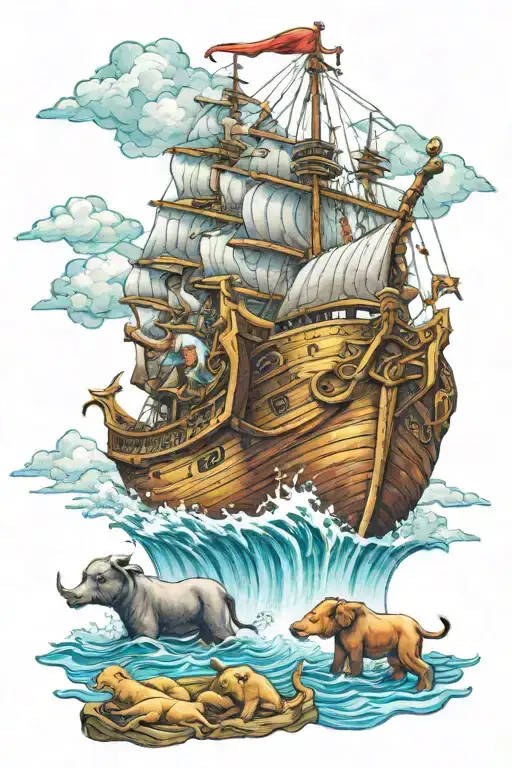 noahs ark with animals all over the boat with a cool sky and ocean scene in full color  tattoo design idea