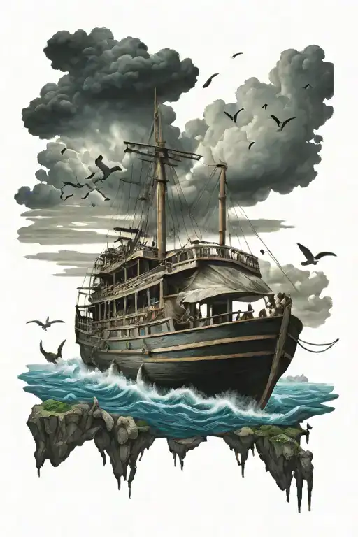 noahs ark with animals all over the boat with a cool sky and ocean scene  tattoo design idea