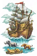 noahs ark with animals all over the boat with a cool sky and ocean scene in full color  tattoo design idea
