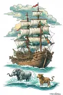 noahs ark with animals all over the boat with a cool sky and ocean scene in full color  tattoo design idea