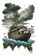 noahs ark with animals all over the boat with a cool sky and ocean scene  tattoo design idea