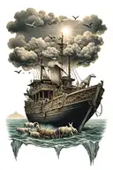 noahs ark with animals all over the boat with a cool sky and ocean scene  tattoo design idea