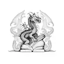 A dragon emerging from a book, surrounded by celestial symbols tattoo design idea
