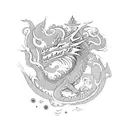 A dragon emerging from a book, surrounded by celestial symbols tattoo design idea