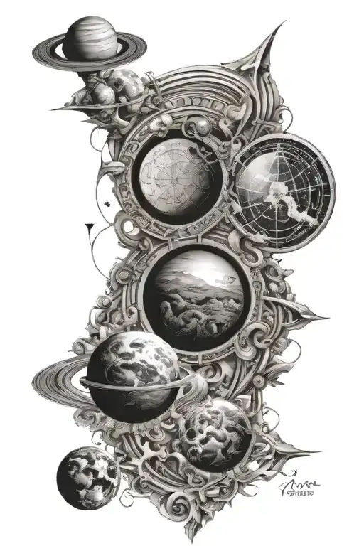 greek mythology, math equations, gods eyes looking, planets tattoo design idea