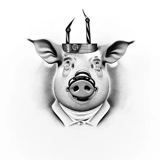 In the center of the tattoo, depict Napoleon, the pig leader, confidently standing on his hind legs, mirroring the iconi tattoo design idea
