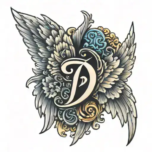 angel wing with letter d tattoo design idea