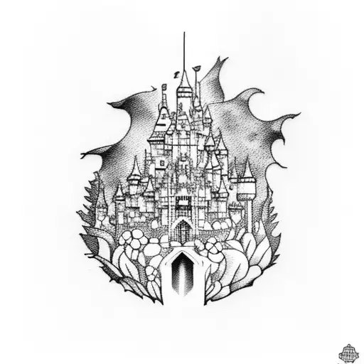 A dotwork tattoo featuring the moving castle from Château ambulant, surrounded by magical creatures and floating islands. tattoo design idea