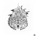 A dotwork tattoo featuring the moving castle from Château ambulant, surrounded by magical creatures and floating islands. tattoo design idea