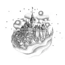 A dotwork tattoo featuring the moving castle from Château ambulant, surrounded by magical creatures and floating islands. tattoo design idea