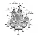 A dotwork tattoo featuring the moving castle from Château ambulant, surrounded by magical creatures and floating islands. tattoo design idea