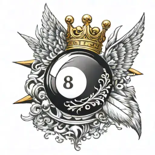 Detailed 8 billiard ball with a gold crown on top and white wings on the back tattoo design idea